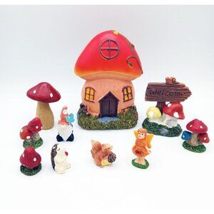 Fairy Garden Gnome Mushroom House Welcome Sign Fairy Hedgehog Figurines 10 Piece